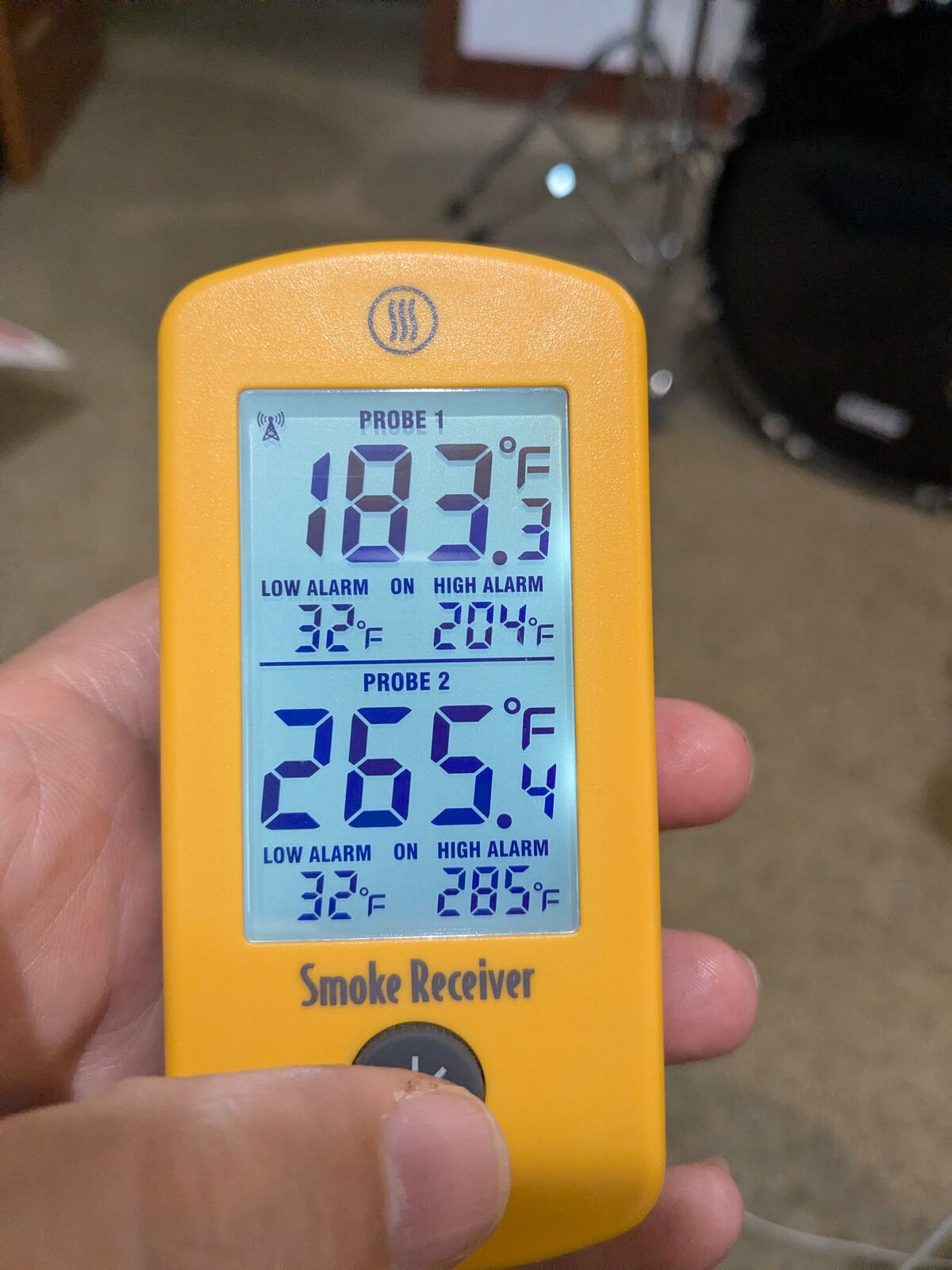 Smoke receiver showing meat at 183.3°F and the oven at 265.4°F, recovering after the door was opened.